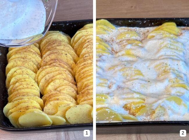 Kartoffelgratin - Sahnemischung verteilen Kartoffelgratin - Sahnemischung verteilen